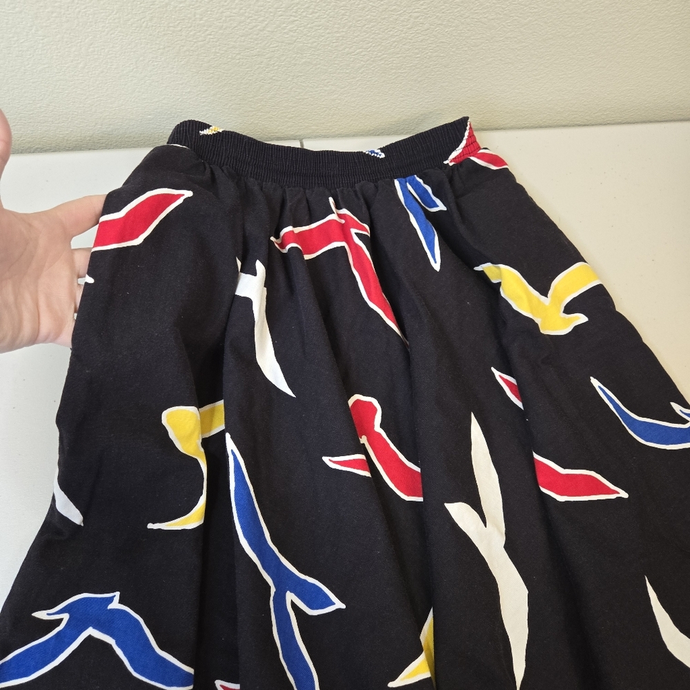 Vintage 80s Tumbleweeds Black Bird Print Full Midi Skirt Colorful Novelty Retro - Picture 5 of 15